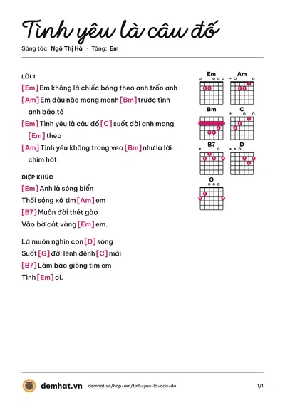 Hợp âm Tình yêu là câu đố (Thanh Thảo) – bản nhạc PDF trang 1, tông Em