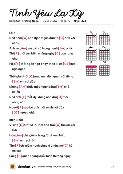Hợp âm Tình Yêu Lạ Kỳ (Hiền Thục) – bản nhạc PDF trang 1, tông C