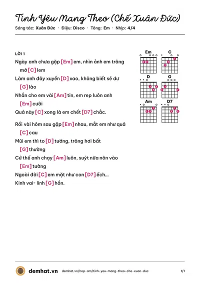 Hợp âm Tình Yêu Mang Theo (Chế Xuân Đức) (Xuân Đức) – bản nhạc PDF trang 1, tông Em