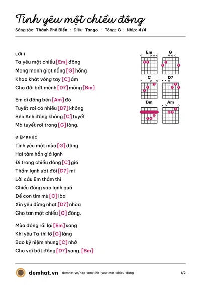 Hợp âm Tình yêu một chiều đông (Thành Phố Biển) – bản nhạc PDF trang 1, tông G