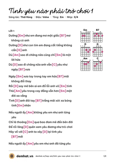 Hợp âm Tình yêu nào phải trò chơi 1 (Tuấn Hưng) – bản nhạc PDF trang 1, tông Em