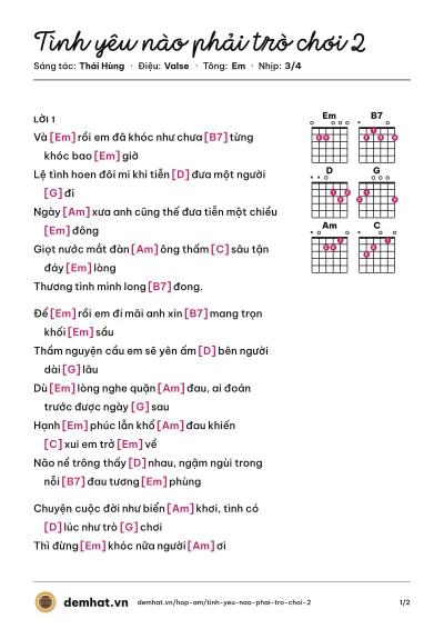 Hợp âm Tình yêu nào phải trò chơi 2 (Tuấn Hưng) – bản nhạc PDF trang 1, tông Em