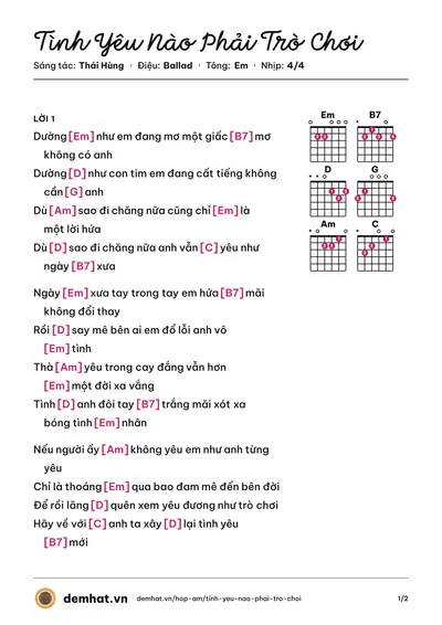 Hợp âm Tình Yêu Nào Phải Trò Chơi (Tuấn Hưng) – bản nhạc PDF trang 1, tông Em