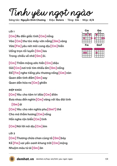 Hợp âm Tình yêu ngọt ngào (Nguyễn Đình Chương) – bản nhạc PDF trang 1, tông Cm