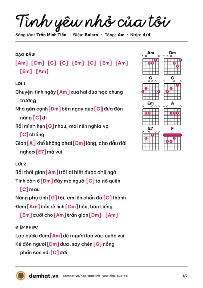 Hợp âm Tình yêu nhỏ của tôi (Trần Minh Tiến) – bản nhạc PDF trang 1, tông Am