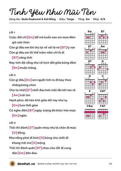Hợp âm Tình Yêu Như Mũi Tên (Nguyên Khang) – bản nhạc PDF trang 1, tông Em
