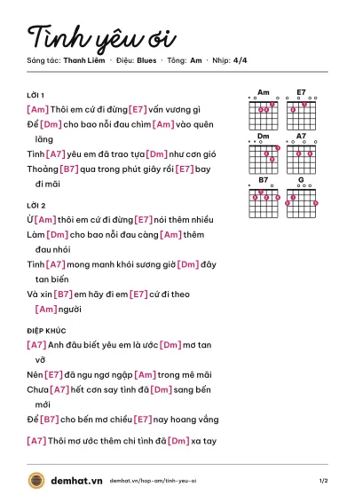 Hợp âm Tình yêu ơi (Quang Dũng) – bản nhạc PDF trang 1, tông Am
