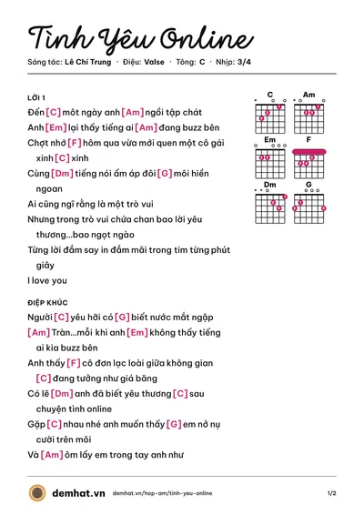 Hợp âm Tình Yêu Online (Đàm Vĩnh Hưng) – bản nhạc PDF trang 1, tông C