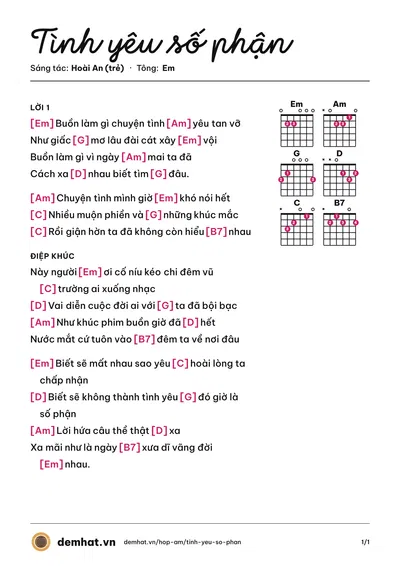 Hợp âm Tình yêu số phận (Hoài An (trẻ)) – bản nhạc PDF trang 1, tông Em