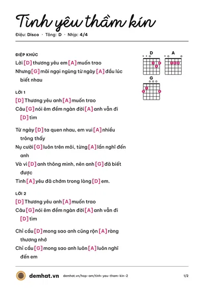 Hợp âm Tình yêu thầm kín – bản nhạc PDF trang 1, tông D
