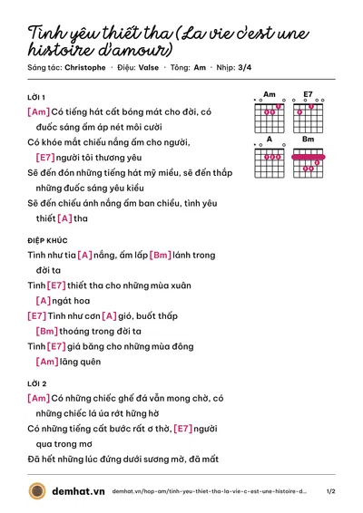 Hợp âm Tình yêu thiết tha (La vie c’est une histoire d’amour) (Kiều Nga) – bản nhạc PDF trang 1, tông Am
