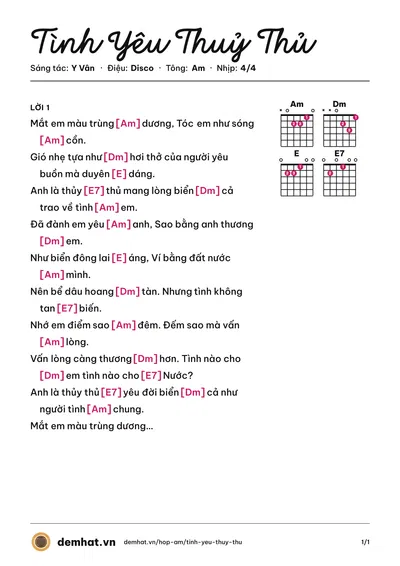 Hợp âm Tình Yêu Thuỷ Thủ (Thanh Vinh) – bản nhạc PDF trang 1, tông Am