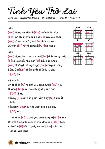 Hợp âm Tình Yêu Trở Lại (Cao Thái Sơn) – bản nhạc PDF trang 1, tông C