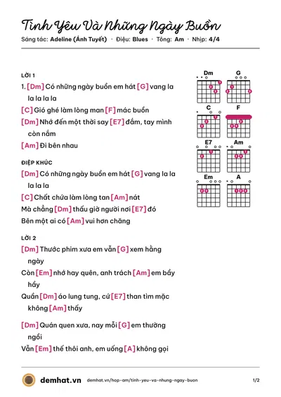 Hợp âm Tình Yêu Và Những Ngày Buồn (Adeline (Ánh Tuyết)) – bản nhạc PDF trang 1, tông Am