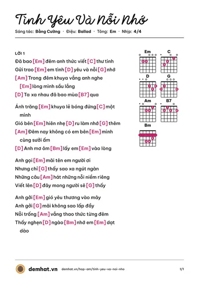 Hợp âm Tình Yêu Và Nỗi Nhớ (Bằng Cường) – bản nhạc PDF trang 1, tông Em