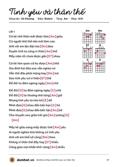 Hợp âm Tình yêu và thân thế (Hùng Cường) – bản nhạc PDF trang 1, tông Am