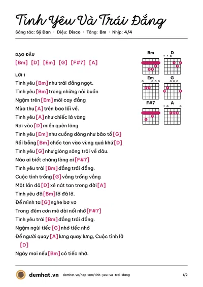 Hợp âm Tình Yêu Và Trái Đắng (Sỹ Đan) – bản nhạc PDF trang 1, tông Bm