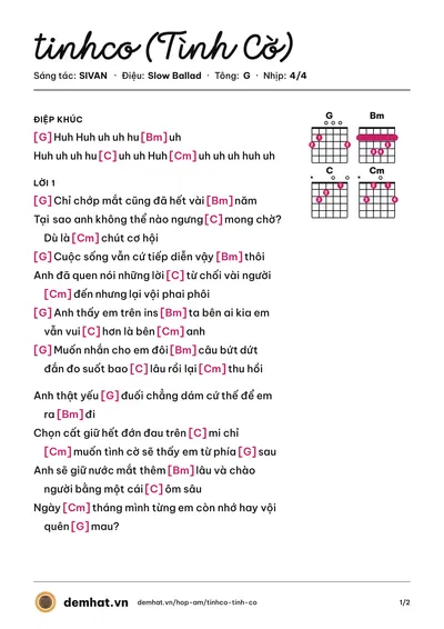 Hợp âm tinhco (Tình Cờ) (SIVAN) – bản nhạc PDF trang 1, tông G