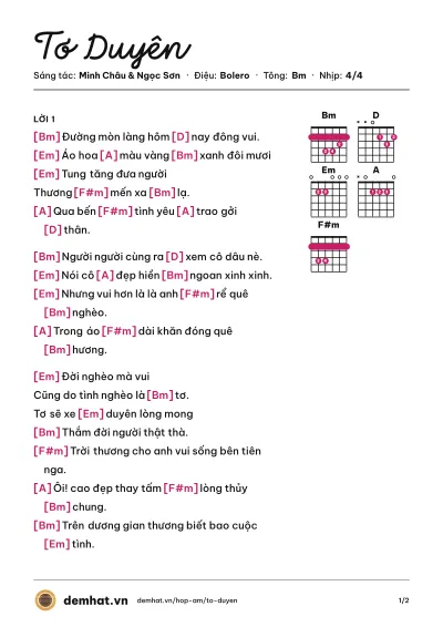Hợp âm Tơ Duyên (Phi Nhung) – bản nhạc PDF trang 1, tông Bm