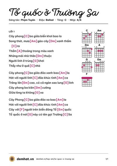 Hợp âm Tổ quốc ở Trường Sa (Phạm Tuyên) – bản nhạc PDF trang 1, tông C