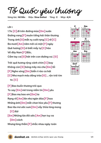 Hợp âm Tổ Quốc yêu thương (Vũ Thắng Lợi) – bản nhạc PDF trang 1, tông C