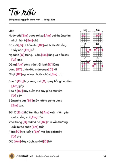 Hợp âm Tơ rối (Nguyễn Tâm Hàn) – bản nhạc PDF trang 1, tông Em