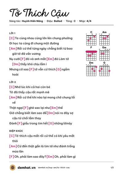 Hợp âm Tớ Thích Cậu (Han SaRa) – bản nhạc PDF trang 1, tông C