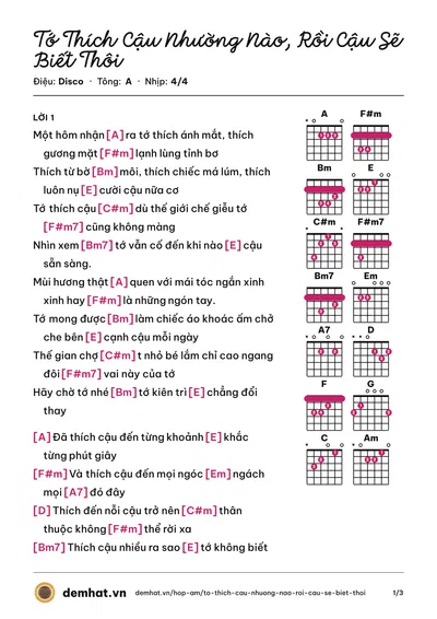 Hợp âm Tớ Thích Cậu Nhường Nào, Rồi Cậu Sẽ Biết Thôi (Lý Phương Thanh) – bản nhạc PDF trang 1, tông A