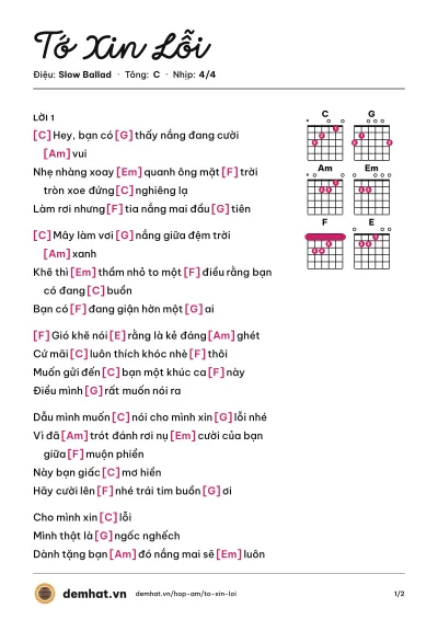 Hợp âm Tớ Xin Lỗi (Dư Mai Phương) – bản nhạc PDF trang 1, tông C