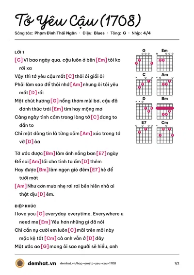 Hợp âm Tớ Yêu Cậu (1708) (Phạm Đình Thái Ngân) – bản nhạc PDF trang 1, tông G