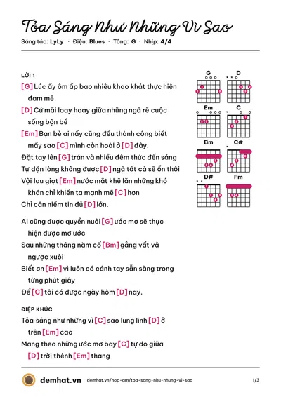 Hợp âm Tỏa Sáng Như Những Vì Sao (LyLy) – bản nhạc PDF trang 1, tông G