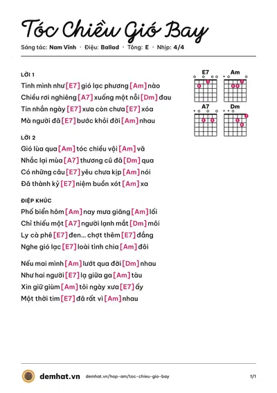 Hợp âm Tóc Chiều Gió Bay (Hà Vân) – bản nhạc PDF trang 1, tông E