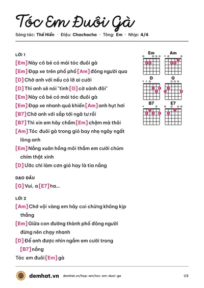 Hợp âm Tóc Em Đuôi Gà (Quang Linh) – bản nhạc PDF trang 1, tông Em
