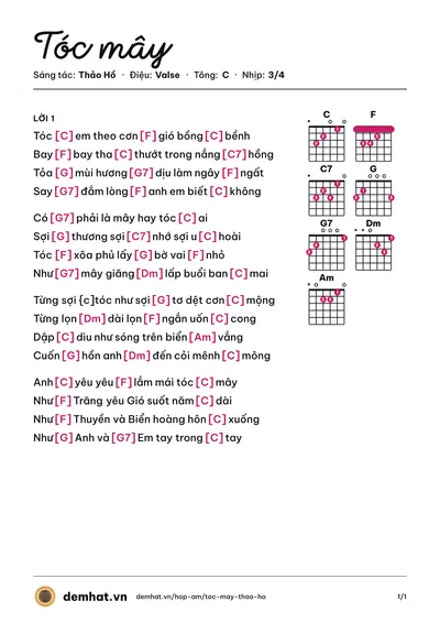 Hợp âm Tóc mây (Nhất Chi Mai) – bản nhạc PDF trang 1, tông C