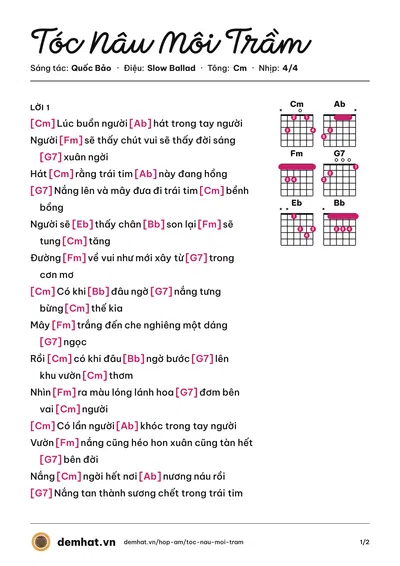 Hợp âm Tóc Nâu Môi Trầm (Mỹ Tâm) – bản nhạc PDF trang 1, tông Cm