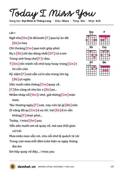 Hợp âm Today I Miss You (Đại Nhân) – bản nhạc PDF trang 1, tông Gm