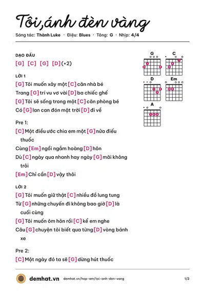 Hợp âm Tôi,ánh đèn vàng (Thành Luke) – bản nhạc PDF trang 1, tông G