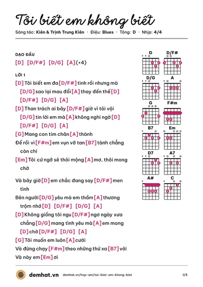 Hợp âm Tôi biết em không biết (Kiên) – bản nhạc PDF trang 1, tông D