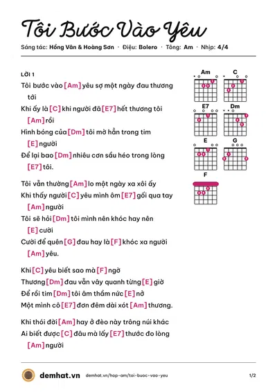 Hợp âm Tôi Bước Vào Yêu (Phương Diễm Hạnh) – bản nhạc PDF trang 1, tông Am