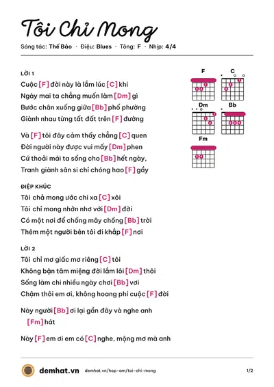 Hợp âm Tôi Chỉ Mong (Thế Bảo) – bản nhạc PDF trang 1, tông F