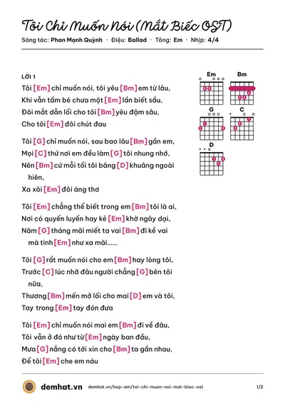 Hợp âm Tôi Chỉ Muốn Nói (Mắt Biếc OST) (Phan Mạnh Quỳnh) – bản nhạc PDF trang 1, tông Em