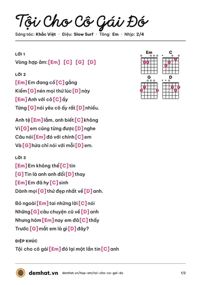 Hợp âm Tội Cho Cô Gái Đó (Khắc Việt) – bản nhạc PDF trang 1, tông Em