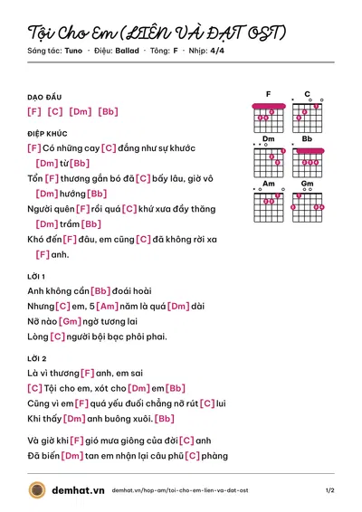 Hợp âm Tội Cho Em (LIÊN VÀ ĐẠT OST) (Đỗ Khánh Vân) – bản nhạc PDF trang 1, tông F