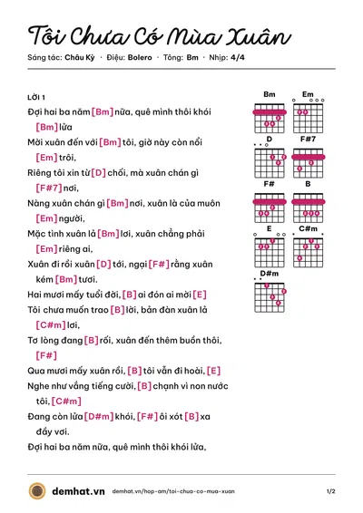 Hợp âm Tôi Chưa Có Mùa Xuân (Chế Linh) – bản nhạc PDF trang 1, tông Bm