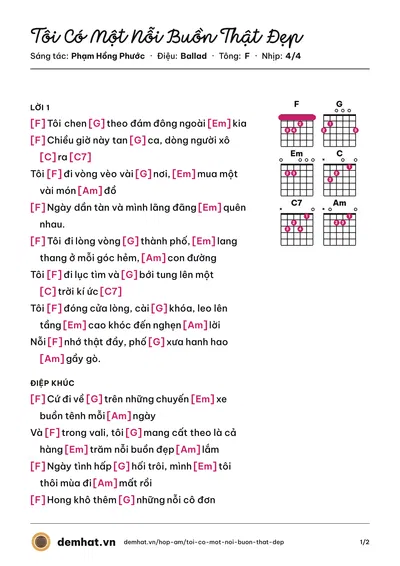 Hợp âm Tôi Có Một Nỗi Buồn Thật Đẹp (Phạm Hồng Phước) – bản nhạc PDF trang 1, tông F