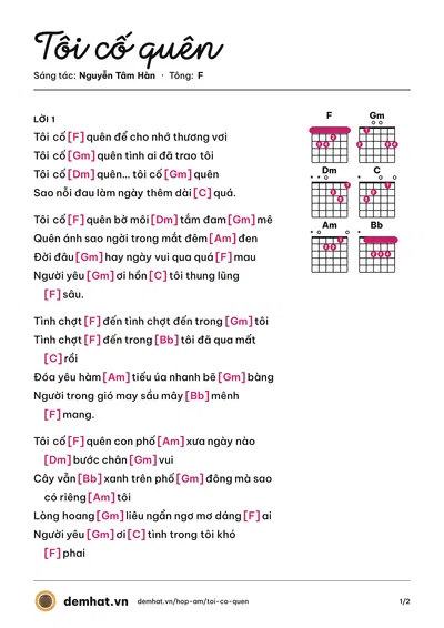Hợp âm Tôi cố quên (Quỳnh Lan) – bản nhạc PDF trang 1, tông F