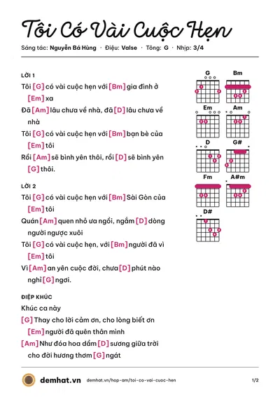 Hợp âm Tôi Có Vài Cuộc Hẹn (Nguyễn Phi Hùng) – bản nhạc PDF trang 1, tông G