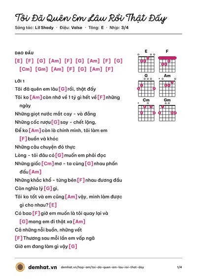 Hợp âm Tôi Đã Quên Em Lâu Rồi Thật Đấy (Lil Shady) – bản nhạc PDF trang 1, tông E