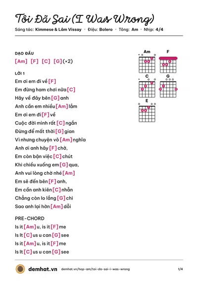 Hợp âm Tôi Đã Sai (I Was Wrong) (Kimmese) – bản nhạc PDF trang 1, tông Am