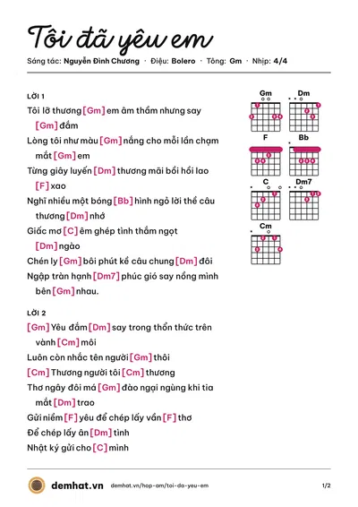 Hợp âm Tôi đã yêu em (Nguyễn Đình Chương) – bản nhạc PDF trang 1, tông Gm